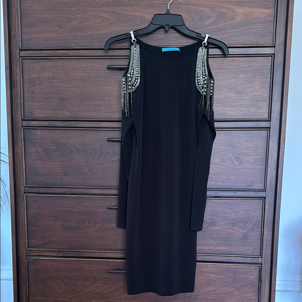Alice+Olivia Elegant Black Dress With Embellished Straps, 0